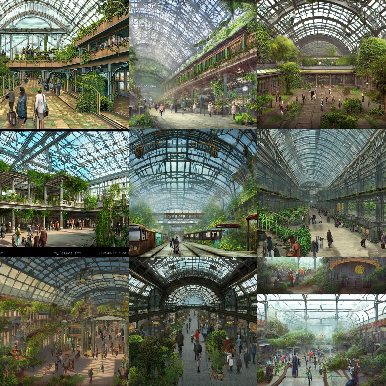 Prompt: Matte painting of the interior view of giant botanical museum. Solarpunk. Train station. Electric trolley with passengers disembarking. Fantastical, detailed digital art trending in artstation