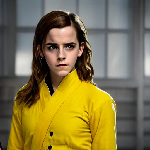 Image similar to Emma Watson in Kill Bill, Fujifilm X-T3, 1/1250s at f/2.8, ISO 160, 84mm, 8K, RAW, symmetrical balance, Dolby Vision, HDR, Luminar AI