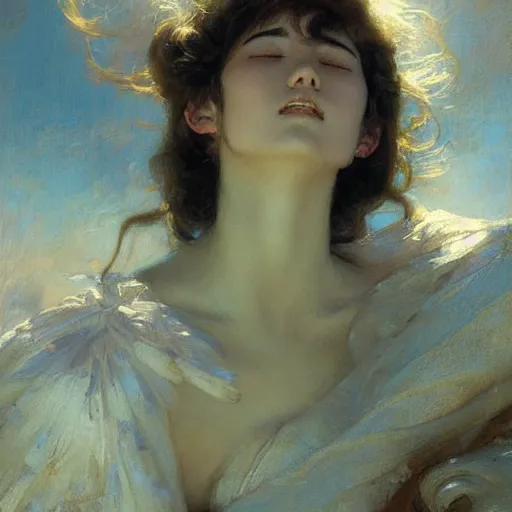 Prompt: detailed portrait of peaceful anime girl graceful, eyes closed, ecstasy, painting by gaston bussiere, craig mullins, j. c. leyendecker