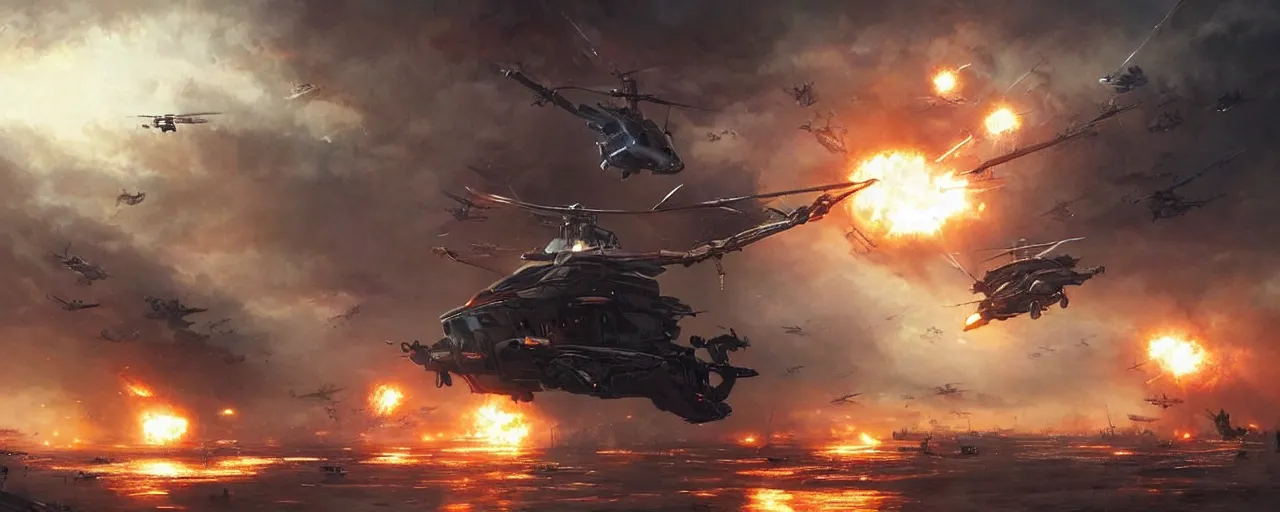 Prompt: a futuristic cyberpunk helicopter in war scene, epic scene, big explosion, by greg rutkowski