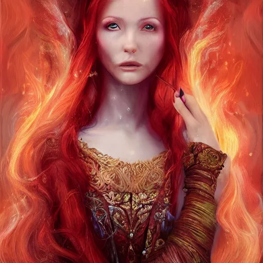 Prompt: Fantastic, fairytale, portrait, painting, beautiful!, female mage, long flowing red hair, light emitting from fingertips, ornate gown, smoldering, serious, royalty kingdom, royal court, hyperreal, photoreal