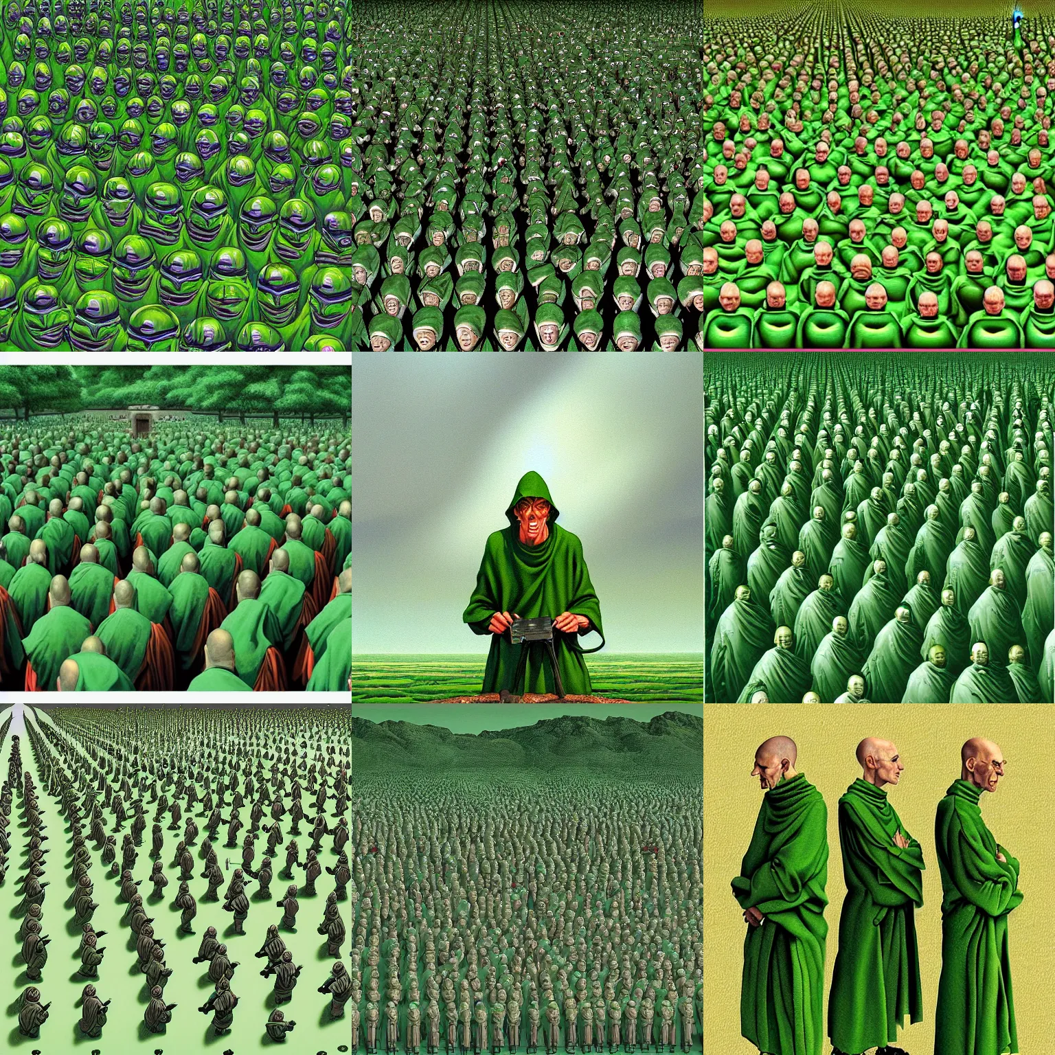 Prompt: peter elson painting of hundreds of evil green monks highly detailed, digital painting, sharp focus,