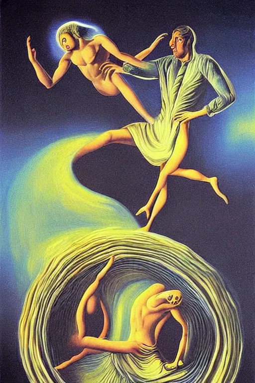 Image similar to optical illusion painting of a couple dancing in a worm hole, illusionism, look twice, mind blow, by damien gilley and salvador dali, detailed