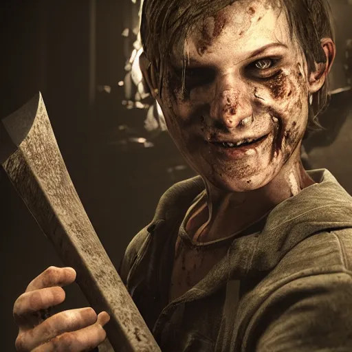 Prompt: jack baker from resident evil 7 ( 2 0 1 7 ) wielding axe, slasher smile, cinematic lighting, eerie atmosphere, re engine render, photorealistic face