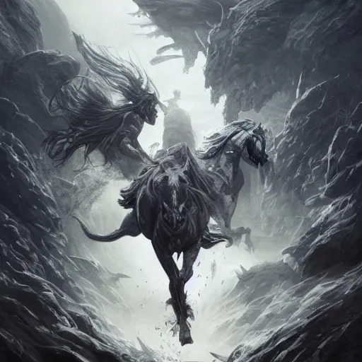 Image similar to concept art by artgerm, death of the four horsemen of the apocalypse, soft grey and blue natural light, intricate, queen of death riding, highly detailed dark art, digital painting, artstation, concept art, smooth, sharp focus, illustration, art by greg rutkowski and luis rollo and uang guangjian and gil elvgren, symmetry!