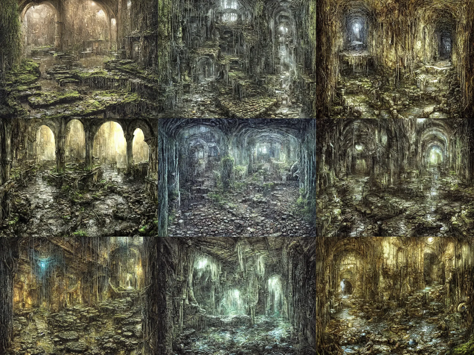 Prompt: inside the ancient flooded sewers in the old part of the city. fantasy art, adventure, dripping water, standing water, channel, stagnant water, roots, musty, moss, sewage, dark, underground, abandoned spaces, torch - lit. by peter jones and alan lee