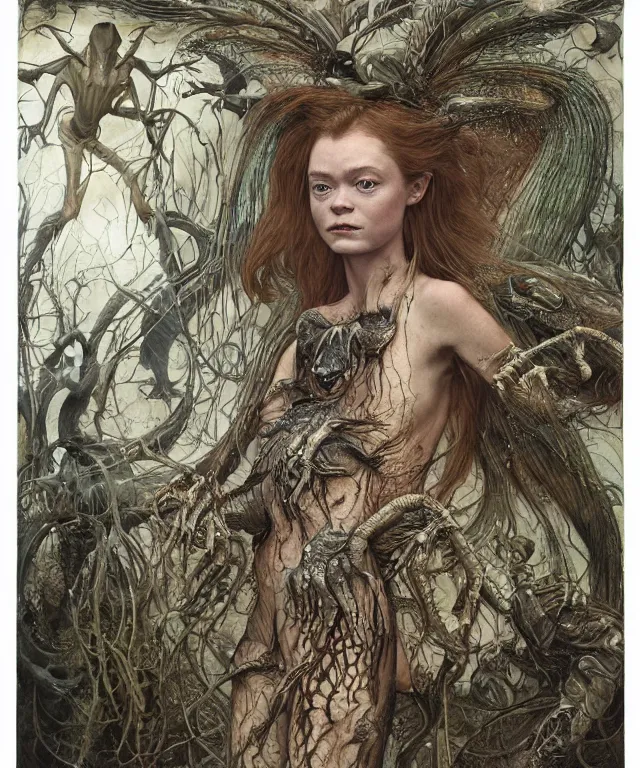 Prompt: a portrait photograph of a fierce sadie sink as an alien harpy queen with slimy amphibian skin. she is trying on a white bulbous infected slimy organic membrane parasite dress and transforming into an insectoid amphibian. by donato giancola, walton ford, ernst haeckel, brian froud, hr giger. 8 k, cgsociety