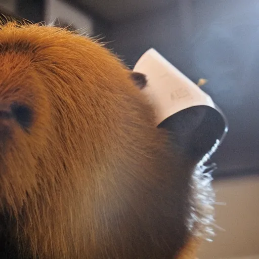 Image similar to an antropomorphic capybara wearing a suit smoking a cigar