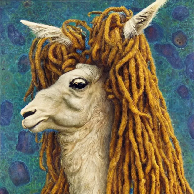 Image similar to llama with dreadlocks, by mandy jurgens, ernst haeckel, james jean. in the style of gustav klimt