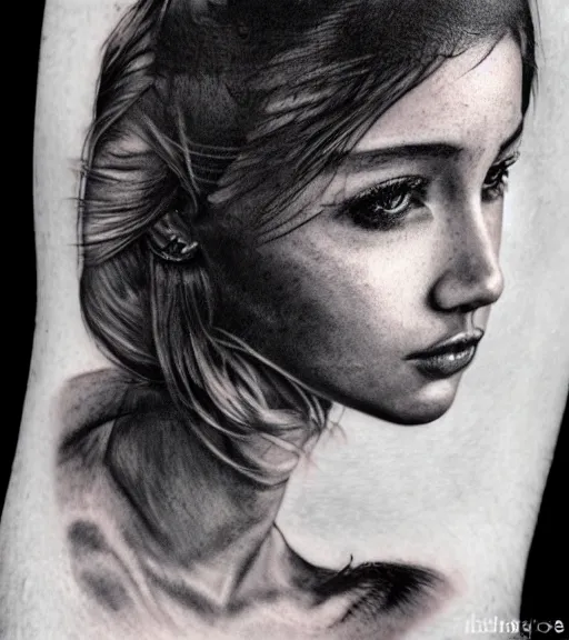 Image similar to a beautiful girl portrait, faded mountain background, realism tattoo, in the style of den yakovlev, black and white, hyper realistic, highly detailed