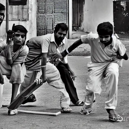 Prompt: four tamil friends playing a game of cricket, on an indian street, award winning image, national geographic, dslr image, black and white