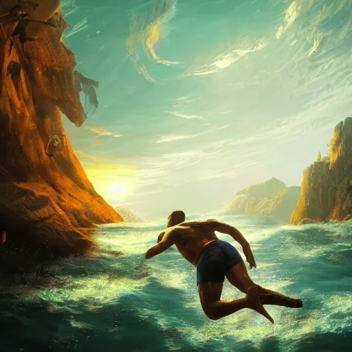 Image similar to man diving next to underwater box of treasure, beautiful dynamic lighting, cinematic, wide angle establishing shot, extremely high detail, photo realistic, cinematic lighting, post processed, concept art, artstation, matte painting, style by frederic church, raphael lacoste, unreal engine 8k