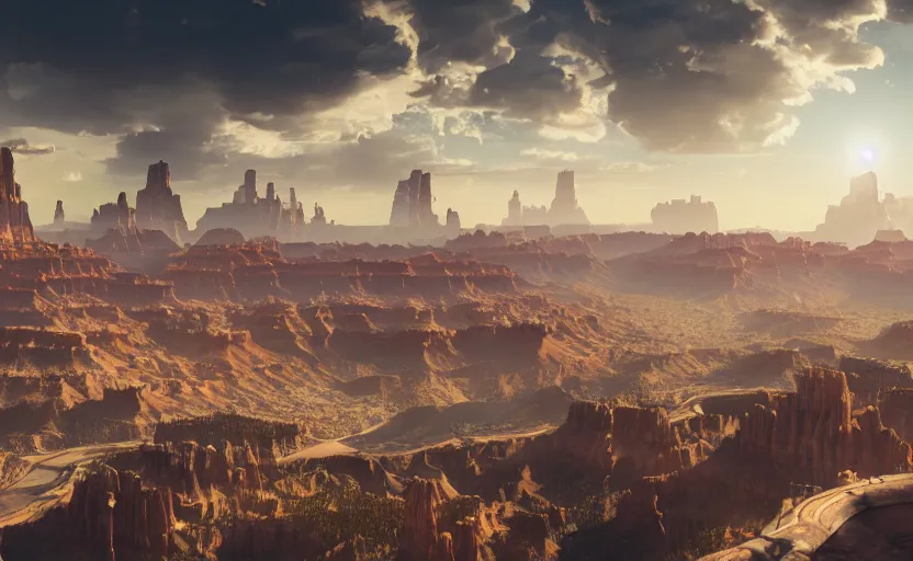 Prompt: a futuristic utopian metropolitan city on an alien planet with many shiny buildings and spires that sits at the edge of a beautiful canyon cliff side like the grand canyon or bryce canyon, sharp details, photorealistic, octane render, golden hour, cinematic lighting, dramatic clouds, immense scale