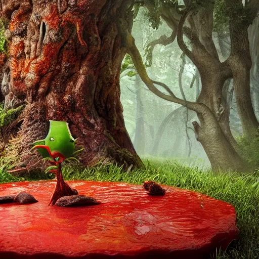 Prompt: a nature photo of a cute fury monster eating bugs for lunch while sitting on a red mushroom in the fantasy forest, extremely detailed, wide shot, sharp and detailed, Octane render