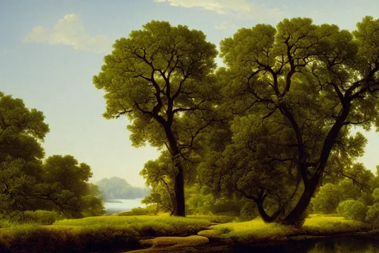 Prompt: painting of a old tree next to a meandering river by martin johnson heade