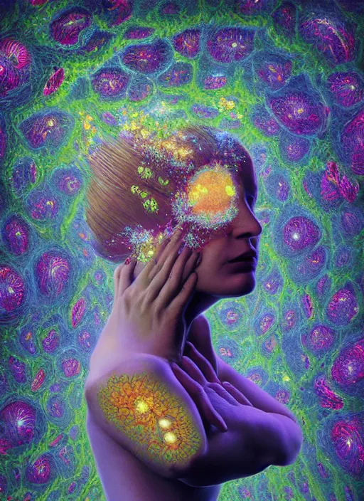 Image similar to hyper detailed 3d render like a Oil painting - Aurora (Singer) Eats of the Strangling Fruit of penance open eyes and Her Hands full of gossamer polyp blossoms bring iridescent fungal flowers whose spores black the foolish stars by Jacek Yerka, Mariusz Lewandowski, Houdini algorithmic generative render, Abstract brush strokes, Masterpiece, Edward Hopper and James Gilleard, Zdzislaw Beksinski, Mark Ryden, Wolfgang Lettl, hints of Yayoi Kasuma, octane render, 8k