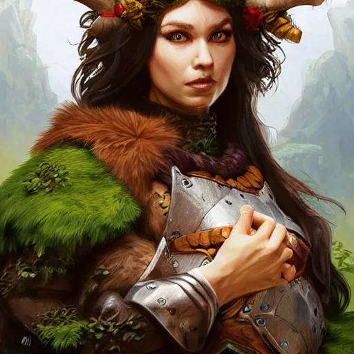 Prompt: dnd character concept portrait, angry elf druid with tamed ox pet, detailed, high quality, dynamic lighting, fantasy, artwork by artgerm, wlop, alex ross, greg rutknowski, alphonse mucha