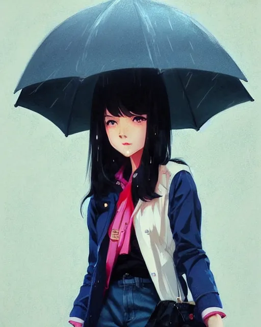 Image similar to cute girl in the rain. full shot | very very anime!!!, fine - face, audrey plaza, realistic shaded perfect face, fine details. anime. realistic shaded lighting poster by ilya kuvshinov katsuhiro otomo ghost, magali villeneuve, artgerm, jeremy lipkin and michael garmash and rob rey