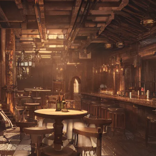 Image similar to ultra mega super hyper realistic Digital concept interior design of tavern in Cyberpunk style mixed with medieval style. More cyberpunk less medieval. Natural white sunlight from the transperient roof. Rendered in VRAY and DaVinci Resolve and MAXWELL and LUMION 3D, Volumetric natural light