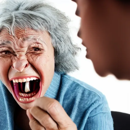 Prompt: An angry old lady trying to eat a crypto coin