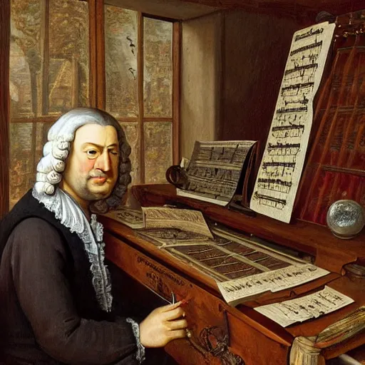 Image similar to highly detailed painting of bach writing a piece of music on a sheet of paper, he is inside of a wooden shack, 4 k resolution, by jaquis luis david, visible paint layers, renaissance.