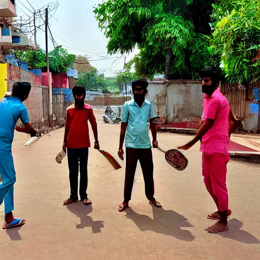 Prompt: four tamil friends playing a game of cricket, on an indian street, photorealistic, 4 k