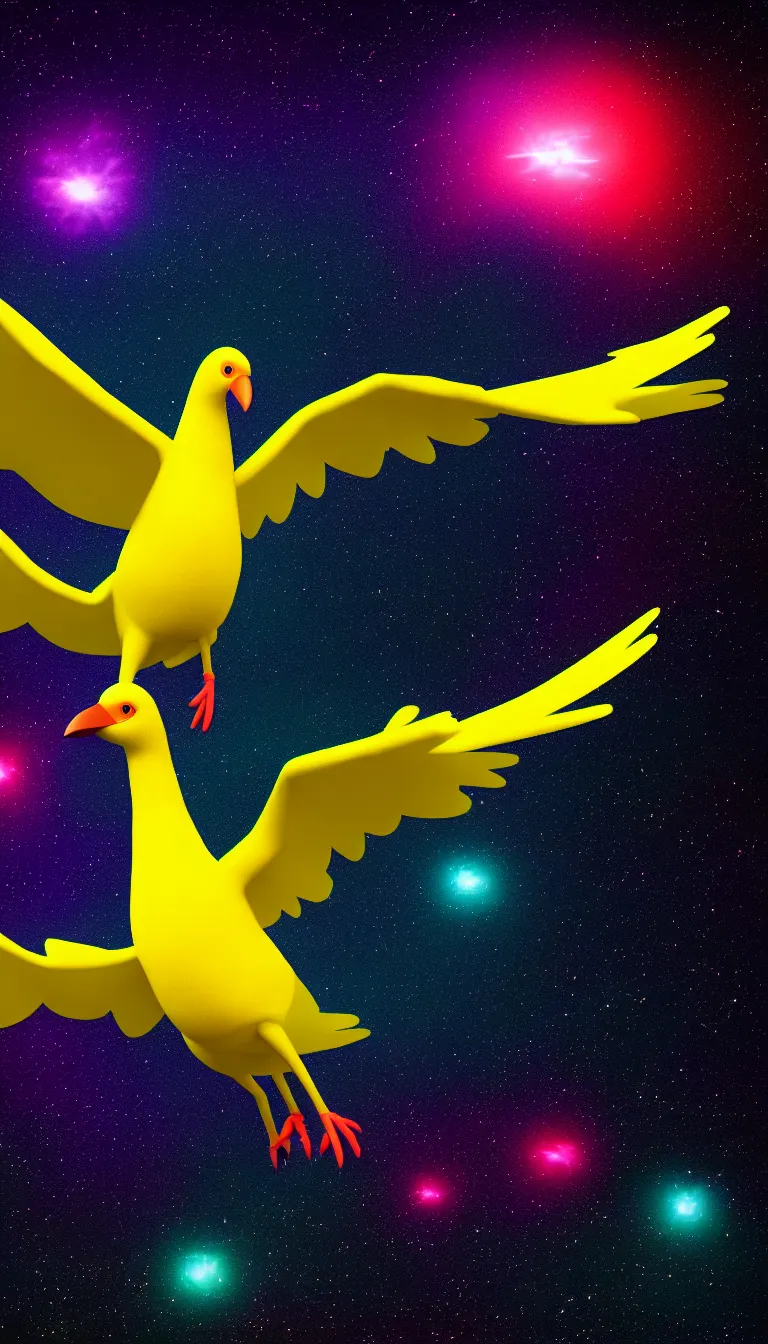 Prompt: highly detailed photo of only one colorful big bird flying in the dark space, all birds head and eye are visible, hyper realistic, concept art, 8 k detail post - processing