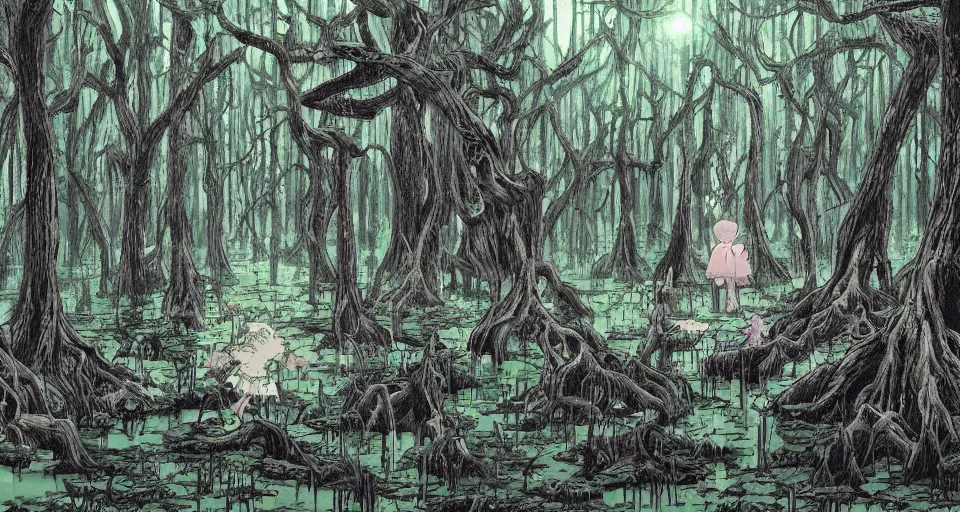 Image similar to A dense and dark enchanted forest with a swamp, by Hideaki anno