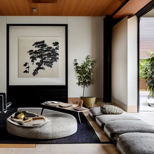 Image similar to lounge and dining room, stone, interior design, stylish luxury hotel living room design, yakisugi, black vertical slatted timber, textures, feminine, black walls, art, Japanese pottery vase with flowers, kakejiku, seasonal, Japanese influences