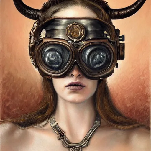 Image similar to a hyperrealistic portrait painting of a beautiful woman with demonic horns wearing steampunk goggles and ornate leather armor, holding a hi - tech weapon, by santiago caruso, highly detailed,