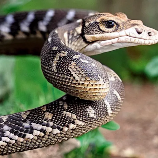 Image similar to rattlesnake morphed with a falcon, half rattlesnake half falcon, picture taken in a zoo