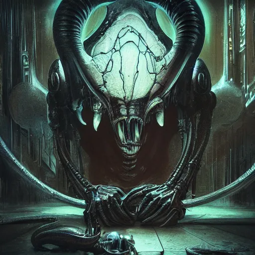 Image similar to mickey mouse xenomorph chimera lurking in dark room, wet dripping, mickey mouse ears, designed by h. r. giger, highly intricate detailed 8 k ultrarealistic octane render by artgerm and rutkowski and beksinski and mucha