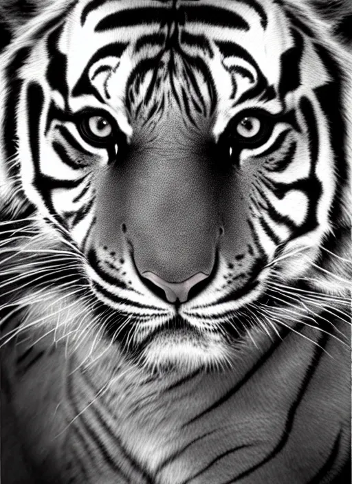 Image similar to a black and white photo of a tiger, a photorealistic painting by christian w. staudinger, behance, hyperrealism, hyper realism, majestic, wallpaper