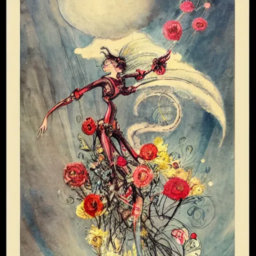 Image similar to Louis Icart, an old elaborate painting of an abstract robot tornado made entirely out of flowers, highly detailed, swirling, flowing, dancing, dreaming, bursting with positive energy, happy, creative, masterpiece - H 1024