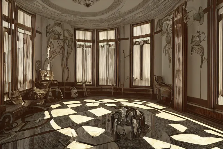 Prompt: interior photo of a flat with art deco and art nouveau, 3 d render, award winning, digital photograph, telephoto lens, national geographic, highly detailed, afternoon lighting, high contrast, intricate