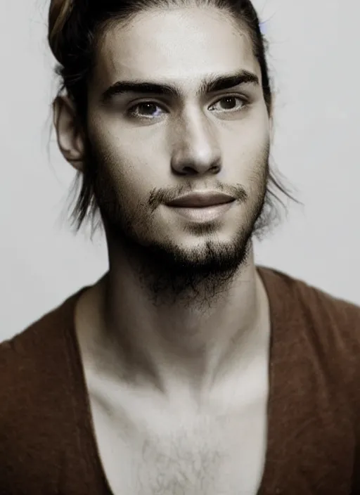 Prompt: a skinny young white male with a dark brown man bun for hair, no facial hair