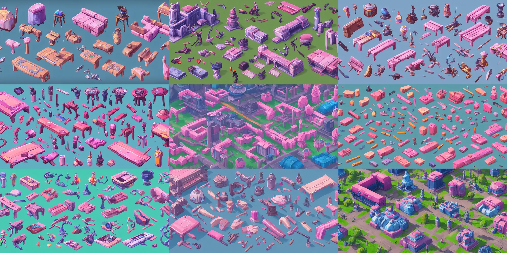 Prompt: game asset of city park furniture, in gouache detailed paintings, props, stylized, 2 d sprites, kitbash, arcane, overwatch, blue and pink color scheme, 8 k, close up