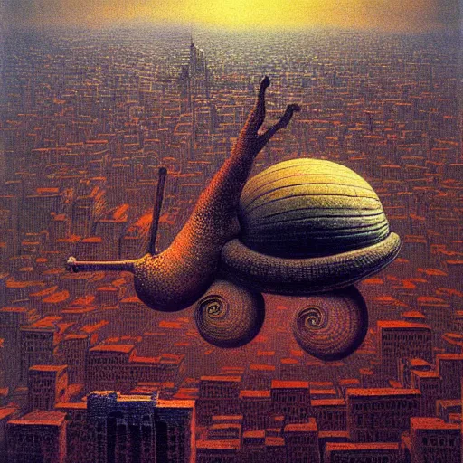 Prompt: a giant snail stands over a city painting by beksinski, behsinski colors. masterpiece painting