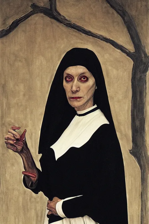 Image similar to portrait, vampire nun, art by jacek malczewski