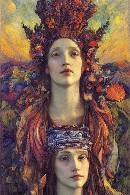 Image similar to queen of summer by Annie Swynnerton and Nicholas Roerich, strong dramatic cinematic lighting , ornate headdress , flowing robes, lost civilizations, smooth, sharp focus, extremely detailed