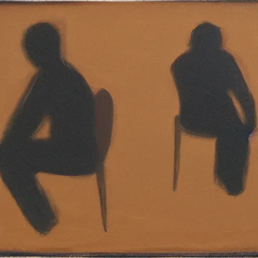 Image similar to a silhouette of two depressed people sitting in the corner of a dark room, oil on canvas