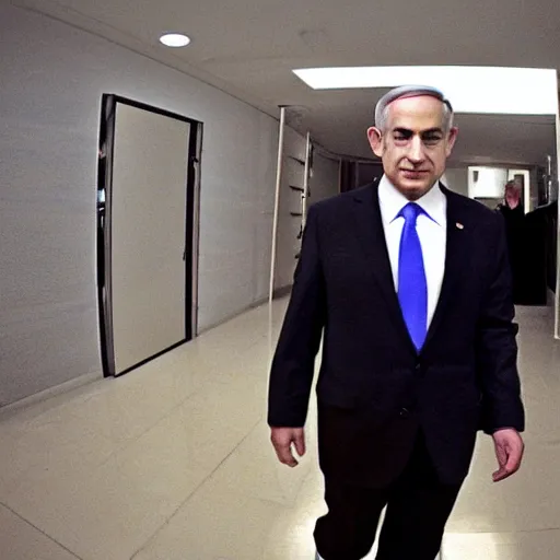 Prompt: fish eye lens photo of benjamin netanyahu looking at the camera curiously