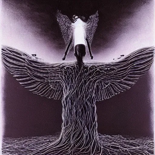 Image similar to One day, I am going to grow wings, a chemical reaction, hysterical and useless., radiohead album art cover, A photography portrait by Stanley Donwood and Zdzislaw Beksinski