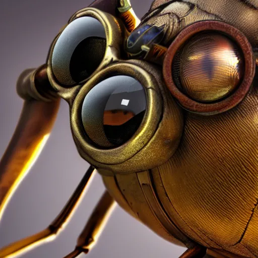 Image similar to close up of a dragonfly wearing steampunk goggles, photorealistic 3D render