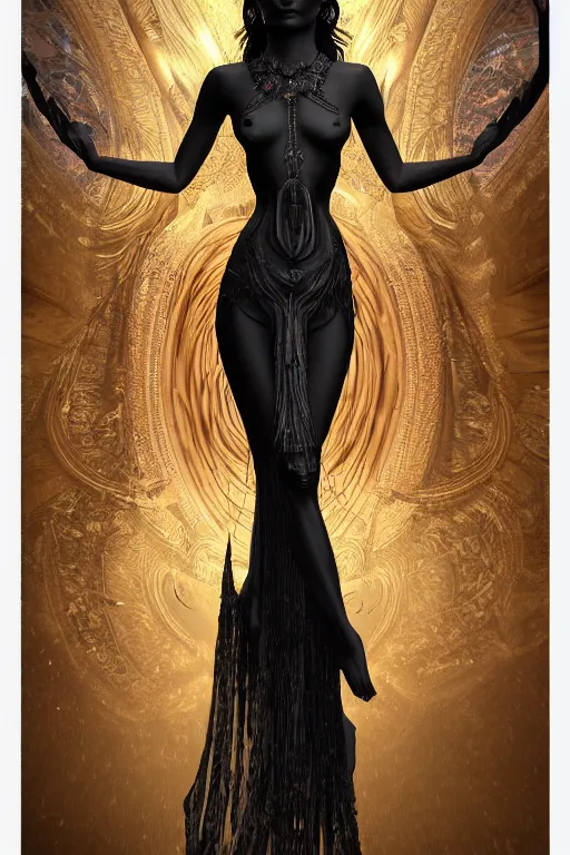 Image similar to a realistic dark photo of a beautiful ancient alien woman goddess kate moss nataraja shiva standing in iris van herpen dress jewelery and fractals in style of alphonse mucha art nuvo dmt trending on artstation made in unreal engine 4