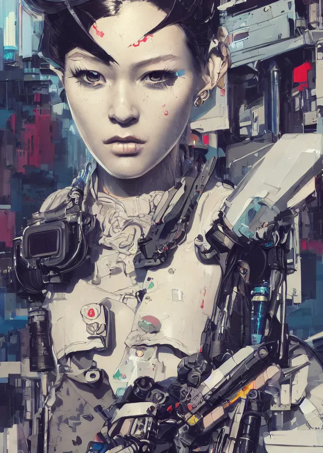 Prompt: highly detailed, james jean, ilya kuvshinov, greg rutkowski, simon roy, mcbess, yoji shinkawa, portrait illustration of a cyberpunk military woman, oil on canvas, colorful, cinematic composition, ray tracing, hyper realism, photorealistic