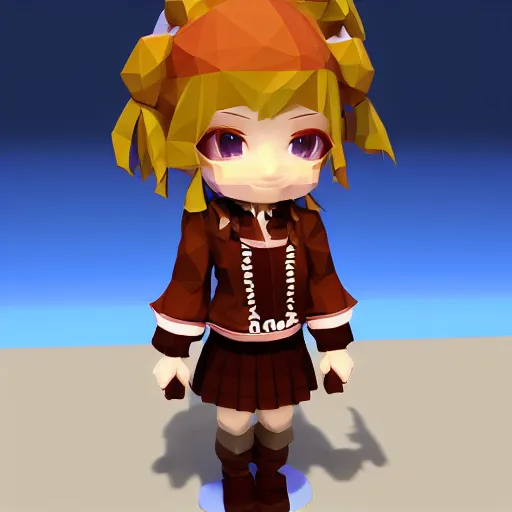 Prompt: ultra low poly modelling, top walking isometric view, 1 6 bit colors, from touhou, a chibi girl, brown jacket with long sleeves, pigtails hair, volumetric lighting, fantasy, 4 k, intricate, hyper realistic, by blizzard, warcraft 3, backlit