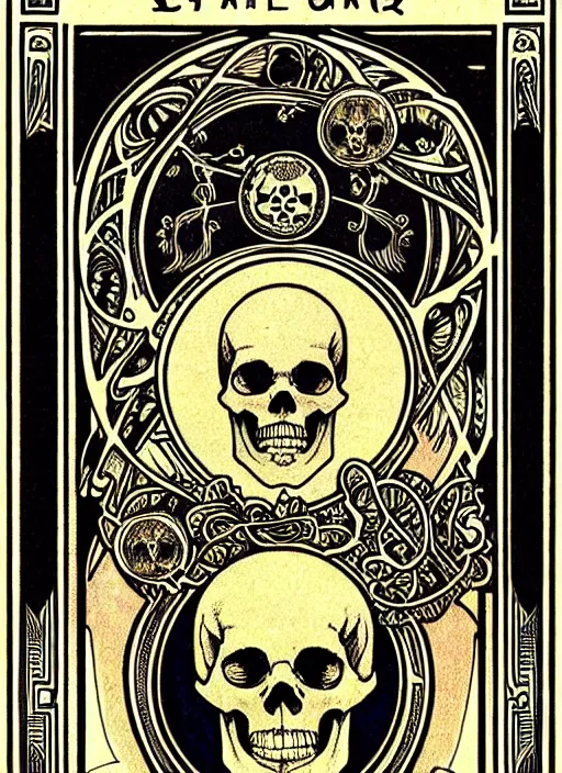 Image similar to symmetry!! a tarot card with a skull, intricate, highly detailed, ornate, aesthetic, alphonse mucha