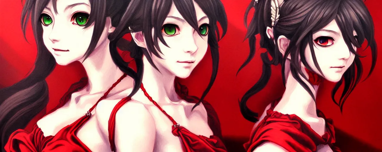 Image similar to a portrait of catgirl wearing red silk dress an ultrafine detailed painting, detailed painting, detailed eyes!!, final fantasy octopath traveler ghibly