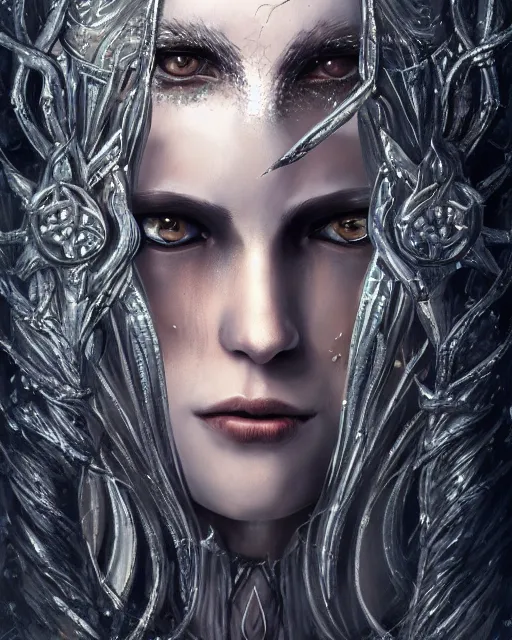 Prompt: highly detailed sharp photorealistic portrait of a beautiful female hunter with shimmering hair, symmetrical face and eyes, dressed in intricate silver, cgsociety, Elden Ring, Dark Souls, Bloodborne